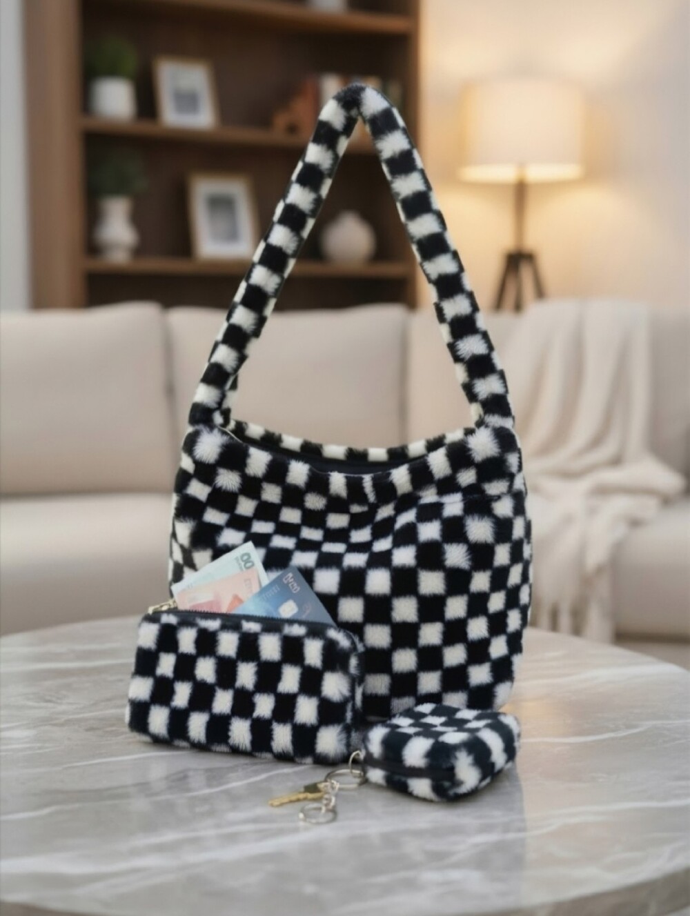 Checkered Crossbody Bag with Matching Wallet & Coin Pouch